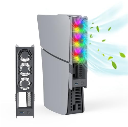 RGB Fan for PS5 Pro, Efficient Cooling Accessories with 3 Fans, Quiet Fan with Adjustable Speed, USB 3.0 Port, Fan for PS5 Pro/PS5 Slim Disc/Digital (Grey)