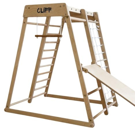 KIDWOOD Cliff Cliff Compact Klettergerüst aus Holz mit Rutsche & Trapez – Montessori Kletterturm für Kleinkinder, 100% Birke Sperrholz, Made in EU (Österreich) – Indoor Kletterdreieck, kindersicher