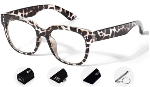 CGID Stort klart glas falska glasögon utan styrka kvinnor män tjock fyrkantig ram fönsterglas 100% UV400 skydd, leopard, L