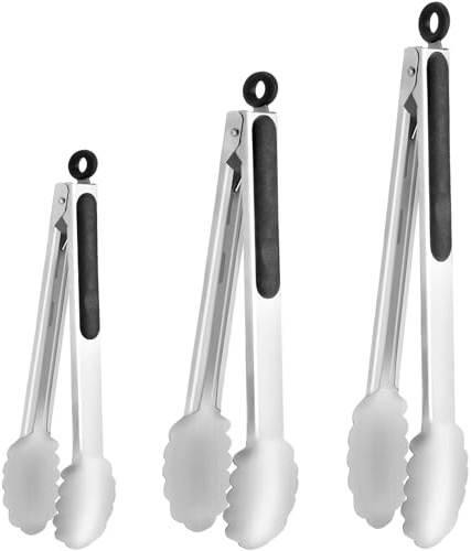 Preocea Stainless Steel Kitchen Tongs, 3 Pieces Cooking Tongs, Non-Slip Metal Food Tongs for Cooking, Heat Resistant 600 Degrees, Heavy Duty Metal Locking Tongs,Great for Salad and BBQ (3 Size)
