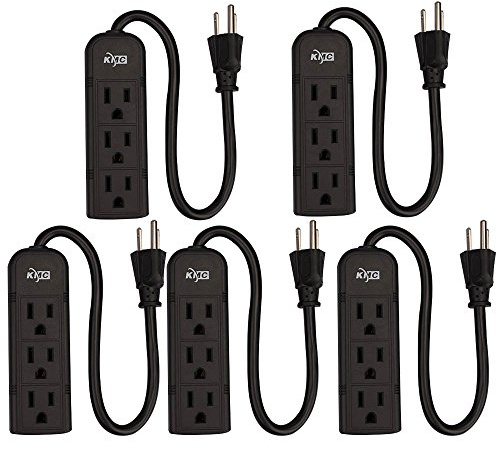 KMC 3-Outlet Power Strip Power Extension Cord 5-Pack,Outlet Saver,1-Foot Cord, ETL Listed