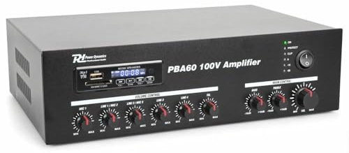 Power Dynamics PBA60 - Amplificateur Bluetooth, 60 Watts, 100 Volts, Télécommande, Radio, USB et SD, Lecteur MP3, Idéal pour la Musique et Les Discours
