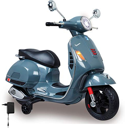 JAMARA 460441 Ride-on Vespa 12V-Leistungsstarker Antriebsmotor und Akku für Lange Fahrzeit, SD-Karten Slot, AUX-/ USB-Anschluss, Ultra-Grip Gummiring am Rad, Stützräder, LED-Scheinwerfer, grau