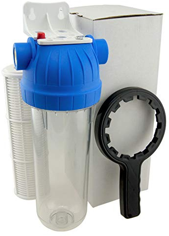FILTROTECH Wasserfilter 10 Zoll, 3/4 Zoll Innengewinde, mit Netzeinsatz | Gehäuse aus transparentem Kunststoff, Messinggewinde, Entlüftungsknopf, Filterschlüssel und Wandhalter im Lieferumfang