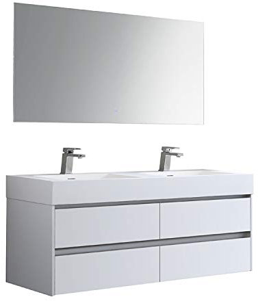 StoneArt Badmöbel-Set mit Mineralguss Waschbecken und Unterschrank und LED Spiegel Touch-Sensor Waschtisch als Einzel- oder Doppelwaschbecken Mailand ML-1400 weiß matt 140cm