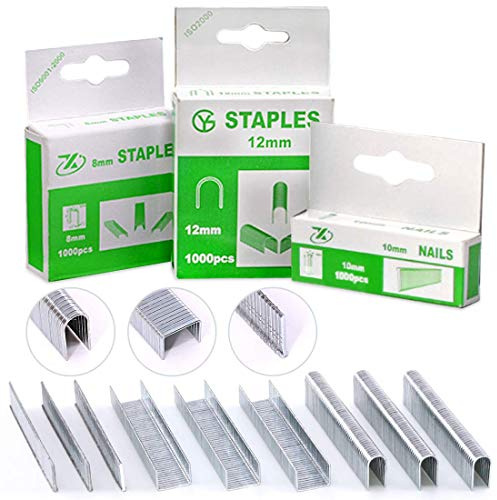 AECCN 3000Pcs Tackerklammern Kit(1,000 Stück 8mm Tackerklammern Typ 53, 1,000 Stück12mm Rundklammer, 1,000 Stück Nägel 10mm). Grosspackung, Feindrahtklammern für Holz und Stoffe