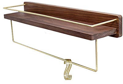 TentHome Küchenregal Küchenablage Pfannenhalter Gewürzregal Holz Duschregal Badregal Wand Organizer Messing Aufbewahrung Kochutensilien Halter mit 4 Abnehmbaren S Haken für Küche Badezimmer Flur,60cm
