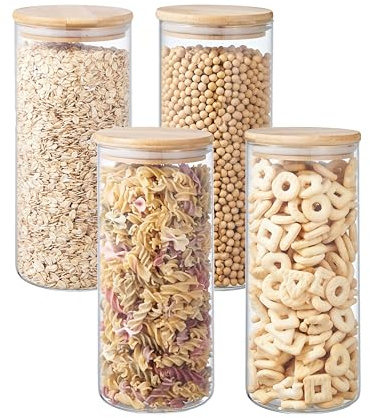 ORNAMI Airtight Glass Pantry Storage Canister Jar with Bamboo Lid | BPA-Free, Clear Kitchen Storage Jar (4 Pack, 1.4L)