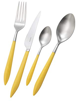 BUGATTI, Ares, 4-teiliges Besteckset aus 18/10 Edelstahl und rotem (gelbem) Farbgriff, Set für 1 Person, bestehend aus Löffel, Gabel, Messer und Kaffeelöffel
