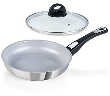 Genius Cerafit Steel Bratpfanne 24cm + Glasdeckel - ofenfeste Keramikpfanne mit kratzfester Antihaft-Beschichtung | Induktion-Pfanne mit abnehmbarem Griff für alle Herdarten
