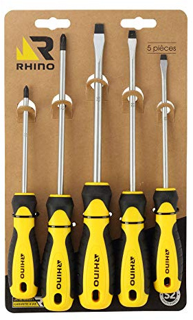 RHINO - Jeu de 5 tournevis plat & cruciforme - Lot de 5 tournevis plat & cruciforme - Lame Acier S2 - Plat (5 à 8 mm) Cruciforme (PH1 / PH2) - Embout magnétique - Usage professionnel - Garantie à vie