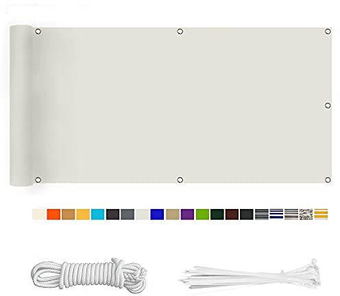 HERILIOS Balkon Sichtschutz, Balkonabdeckung 220 g/m² Innen Balkonverkleidung UV-Schutz (210Größen&21Farben) Ohne Bohren mit Ösen Kabelbinder und Kordel für Balkongeländer Terrasse,95X500CM Weiß