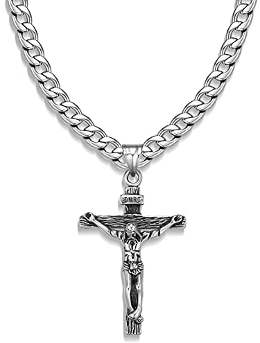 Jewow Acier Inoxydable Jésus Christ Croix Collier Pendentif pour Homme 7mm Largeur Chaîne