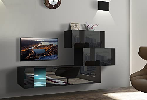 Furnitech Wohnwand Wohnzimmer | Wohnzimmer Möbel mit LED Blau | Hängend Wohnwand Modern | Wohnzimmer Schrankwand mit Regale und TV Schrank (Troja AN85-17B-HG20-1A)
