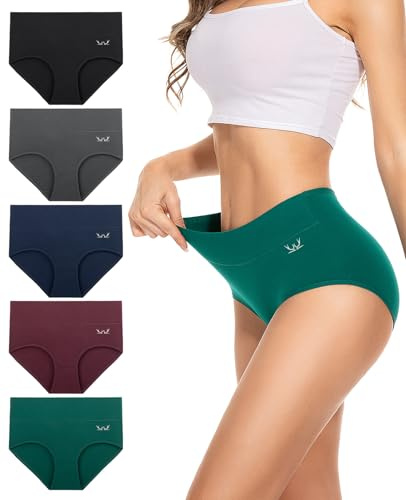 PULIOU Womens Knickers Ladies High Waisted Cotton Underwear Panties Briefs Full Back Coverage Comfy Stretchy Slight Tummy Contorl Multipack of 5,Dark Multicolor,XL