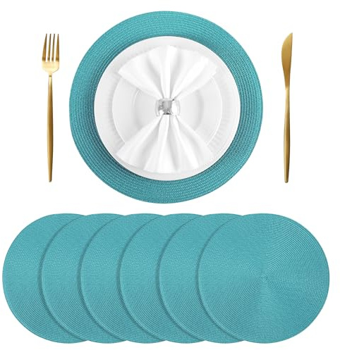 BAOFIN Runde gewebte Tischsets 6 Stück, Herbst-Tischsets für Thanksgiving, 38 cm, Türkis - Waschbar, rutschfest