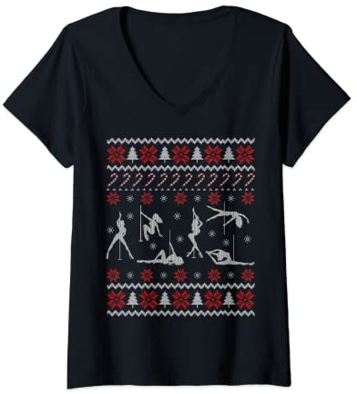 Damen Funny Pole Dance Ugly Christmas Sweater Dancing Xmas Gift T-Shirt mit V-Ausschnitt