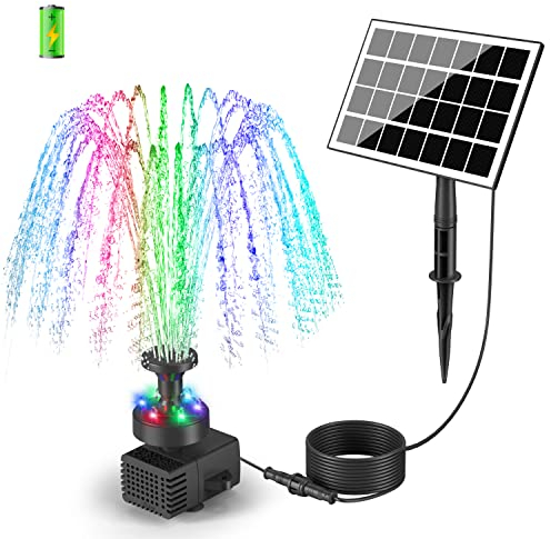 SZMP Fontana Solare da Giardino Esterno 3.5W Pompa Solare per Fontana 2025 Upgraded,16.4ft Piedi con Luci LED,2000mAh Batteria,8 Effetti Ugelli per Laghetto,Acquario,Stagno o Decorazione del Giardino