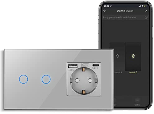 CNBINGO Interruptor de luz táctil inteligente con enchufe Schuko USB, con conector USB y tipo C (máx. 3,1 A), interruptor de luz WiFi para Alexa, Google Assistant, enchufe de pared empotrado, color