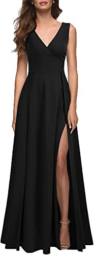 MUSHARE Women's V Neck Sleeveless Split Formal Dress Cocktail Party Prom Long Dresses Black