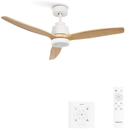 CREATE/ WINDSTYLANCE NATURAL WOOD/Deckenventilator mit Beleuchtung Weiß Naturholzflügel mit Wandschalter und Fernbedienung / 40W, Leise, Ø132 cm, Sommer-Winterbetrieb, doppelte Höhe