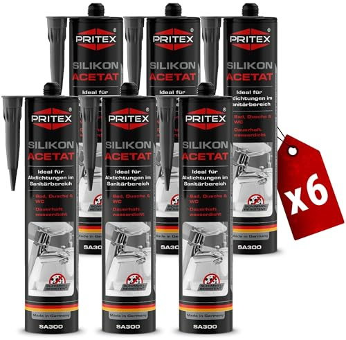 PRITEX Sanitär Silikon Anthrazit 6x 300ml, Acetat für Bad & WC Dichtmasse