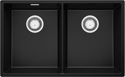 PRIMAGRAN Lavello da Cucina Nero 76x47cm, Lavandino in Granito a 2 vasche + Sifone Classico, Lavabo Incasso al mobile 80cm - London Slim Twin S001