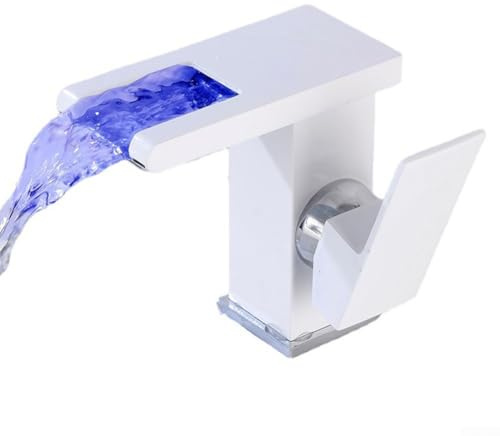 HpLive LED Waterfall Faucet Bathroom Single Lever 1 Hole Deck Mount Cold and Hot Mixer Tap for Kitchen Sink Bathroom Basin(White)