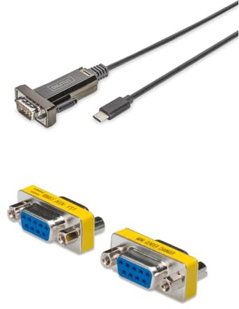 DIGITUS Set: Adaptador USB-C a serie - Conversor RS232 - USB 2.0 tipo-C a DSUB 9M - chipset FTDI FT232RL - cable de 1 m incluido - Con cambiador de género D-Sub 9 (hembra a hembra)