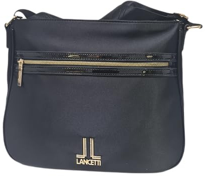 Borsa Donna LANCETTI Sacca Tracolla in Tessuto tipo Raso riporti in Vernice Tracolla in Tessuto Personalizzata Regolabile Dimensioni: 34 X 28 X 11 cm. ART. LB23W-103-4 LINEA FAKTEN (NERO)