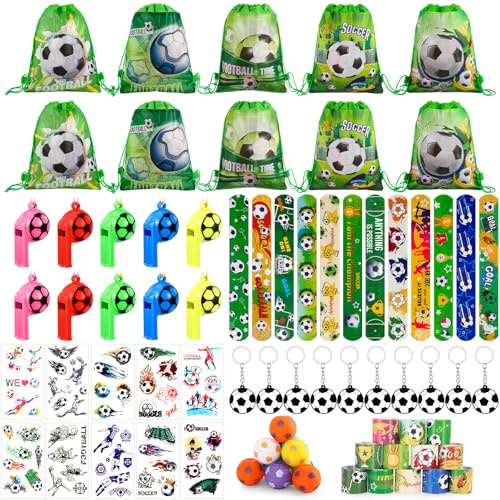 Jostift 62 Stück Fußball Mitgebsel Jungen Kindergeburtstag Set Mitbringsel Kinder Fußball Geschenke Party Deko Mini Fussball, Kordelzug Taschen, Schnapparmband, Schlüsselanhänger