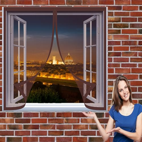 Moustiquaire Magnetique Fenetre 88 x 130 cm Moustiquaire sur Mesure Fermeture Automatique Auto-Adhésif Rideau pour Fenetre Coulissante, ‎Marron