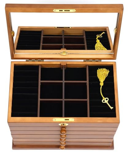 6 Schichten Schmuckkasten Holz Schmuckkoffer Schmuckschatulle mit Spiegel Braun sehr viel Stauraum, Schmuckaufbewahrung, modern, Geschenkidee,sehr viel Stauraum