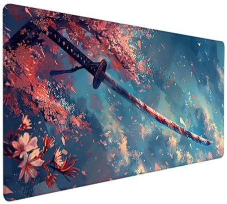 XXL Gaming Mauspad 600 x 300 x 3 mm, Mousepad, Tischunterlage Large Size, verbessert Präzision und Geschwindigkeit, abwaschbar Kirschblüten Katana 1-4
