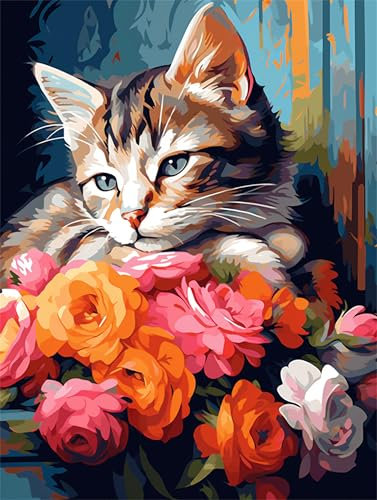 Katze Malen Nach Zahlen Erwachsene Groß 90x60cm, Malen Nach Zahlen Blume, Kreativ Set für Erwachsene, DIY Handgemalt Ölgemälde Leinwand Kit mit 3 Set Pinseln Acrylfarben, Home Wand Dekor, Rahmenlos