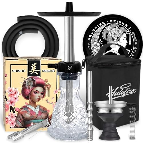 Cachimba Halofire Geisha de 50 cm - Shisha Cachimba Profesional con Difusor Ajustable, Base de Cristal y Maletín de Transporte | Diseño Compacto para Uso Personal y Profesional (Plateada)