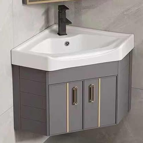 Meuble-lavabo d'angle pour salle de bain, petit lavabo d'angle à montage mural, avec meuble de salle de bain, meuble de rangement autonome, petits lavabos de salle de bain pour petits espaces (gris, 4
