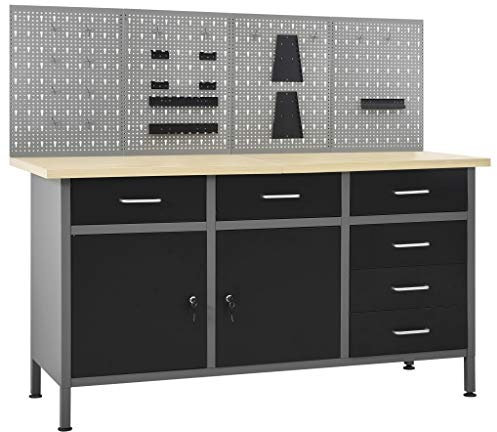 Werkbank mit 4 Werkzeugwänden, Schubladen und Schränk, Werktisch Arbeitsbank Arbeitstisch Steckmontage Packtisch Werkzeugbank für Werkstatt und Garage, 160 x 60 x 85 cm