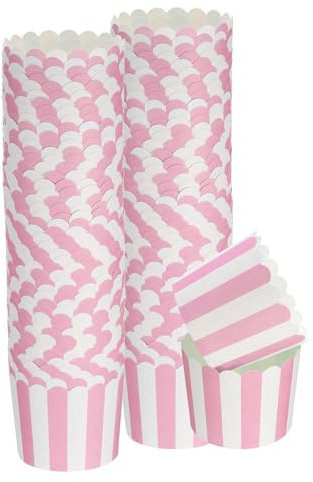 QUARKZMAN 100 Unidades de Moldes de Papel para Hornear de 6oz, Resistentes a la Grasa, Desechables, para Magdalenas, Muffins, Envoltorios para Bodas, Cumpleaños, Graduaciones, Rayas Rosas
