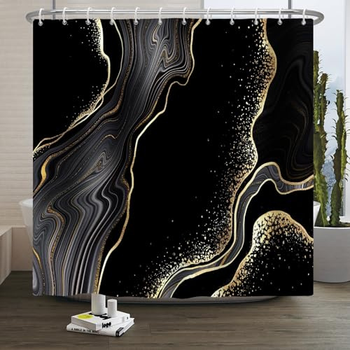 Xiaoterna Schwarzer Marmor Duschvorhang Gold Puder Wasserdichter Badvorhang Luxus Abstrakt Schwarz Goldene Flecken Marmor abwaschbar Duschvorhang Schimmel und Schimmelpilzbeständig Stoff 180x220cm