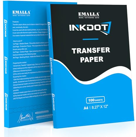 Emalla Inkdot Tattoo-Transferpapier, 100 Blatt, Tattoo-Schablonenpapier, 4-lagiges Transferpapier, 21,6 x 30,5 cm, Thermopapier, A4-Größe, Tattoo-Tattoo-Tattoo-Papier für Anfänger oder Künstler,