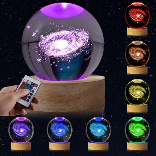 WIYETY Lampada di proiezione 3D con 16 colori e telecomando, luce notturna USB con base in legno, per bambini/camera da letto, regalo astronomico (sfera di cristallo, decorazione della stanza