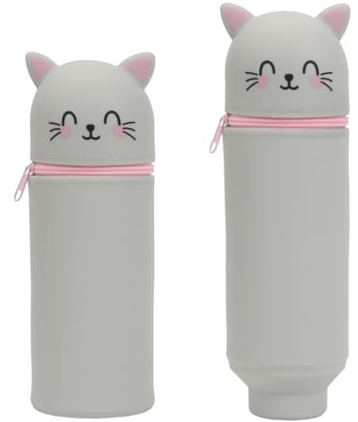 Augesak Federmäppchen Mädchen, 2-in-1 Kawaii Federmäppchen Katze, Federmappe aus weichem Silikon, Stifte Mäppchen Katze, Cartoon Schulmäppchen Mädchen mit Reißverschluss für Kinder Schulbedarf