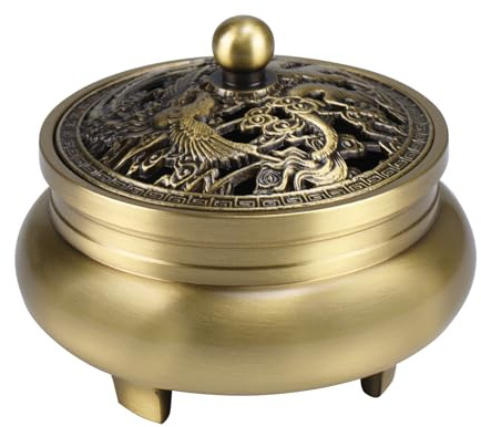 TAIYOU Retro Messing Räuchergefäß mit 3 Füßchen Räucherschälchen Incense Burner Kit Räucherstäbchenhalter Metall Räucherschale Vintage Weihrauchbehälter für Hause Büro Yoga Dekoration Drache Phönix