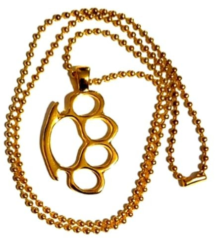 Gold Tone Stainless Steel Knuckle Duster (45mm x 28mm) Necklace on a 60cm Gold Tone Stainless Steel Ball Chain in a Velvet Gift Bag
