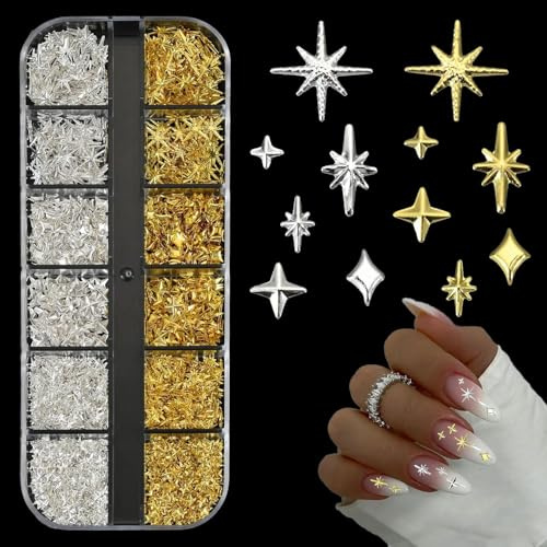 Nagel Charms Gold Silber Sterne 1 Boxen 12 Raster Stern Nail Charm Metall Nagelsteine Goldene und Silberne Y2K Legierung Charms Nägel Moden Nagelschmuck Nail Gems Star für DIY Nail Art Dekoration