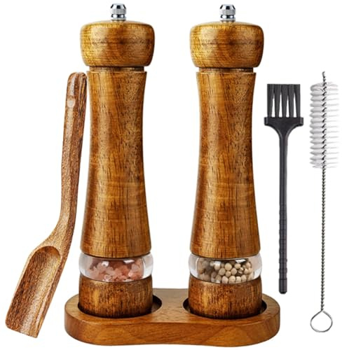 Auciej Salz und Pfeffermühle Holz Pfeffer und Salzmühle mit Keramikmahlwerk Verstellbarem Manuelle Gewürzmühle 2er Set mit Untersetzer für Pfeffer Salz Gewürze 21,5 cm