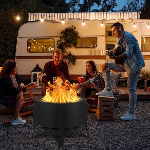 Feuerschale, Ø66cm Feuerkorb mit Staubbeutel, Groß Feuertonne für den Garten mit Schürhaken, Solide und Stabil, Holz & Kohle Feuerstelle inkl Abnehmbare Aschepfanne für Outdoor BBQ Heizung 66x66x51cm