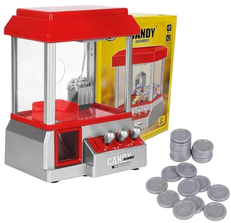SGM Claw Machine Arcade Game – Candy Grabber & Prize Dispenser Vending Machine for Kids – Mini Sweet Dispenser with Music & 20 Coins – Red Claw Machine for Boys & Girls