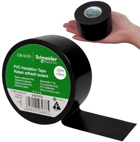 Schneider Electric Premium PVC Electrical Tape 50mm x 33m - Fire retardant Black Insulation Wide Roll (2420303)